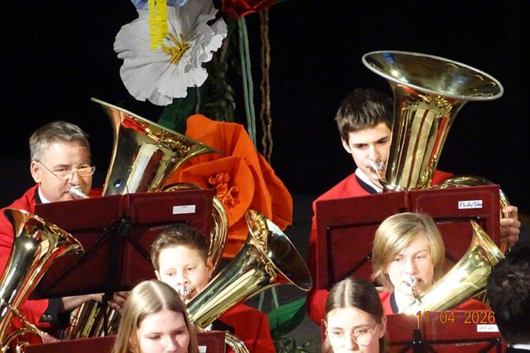 Mehrere MusikerInnen an ihren Instrumenten während des Frühlingskonzertes.