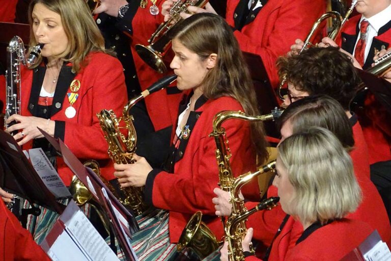 Mehrere MusikerInnen an ihren Instrumenten während des Frühlingskonzertes.